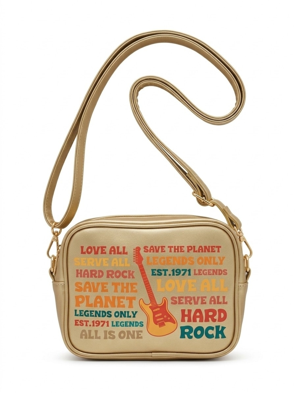 Hard Rock Cafe Gold Crossbody with Multicolor Rock Graphic